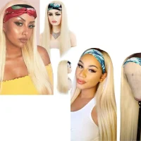 Straight 1B/613 Headband Human Hair Wigs For Black Women Blonde Scarf