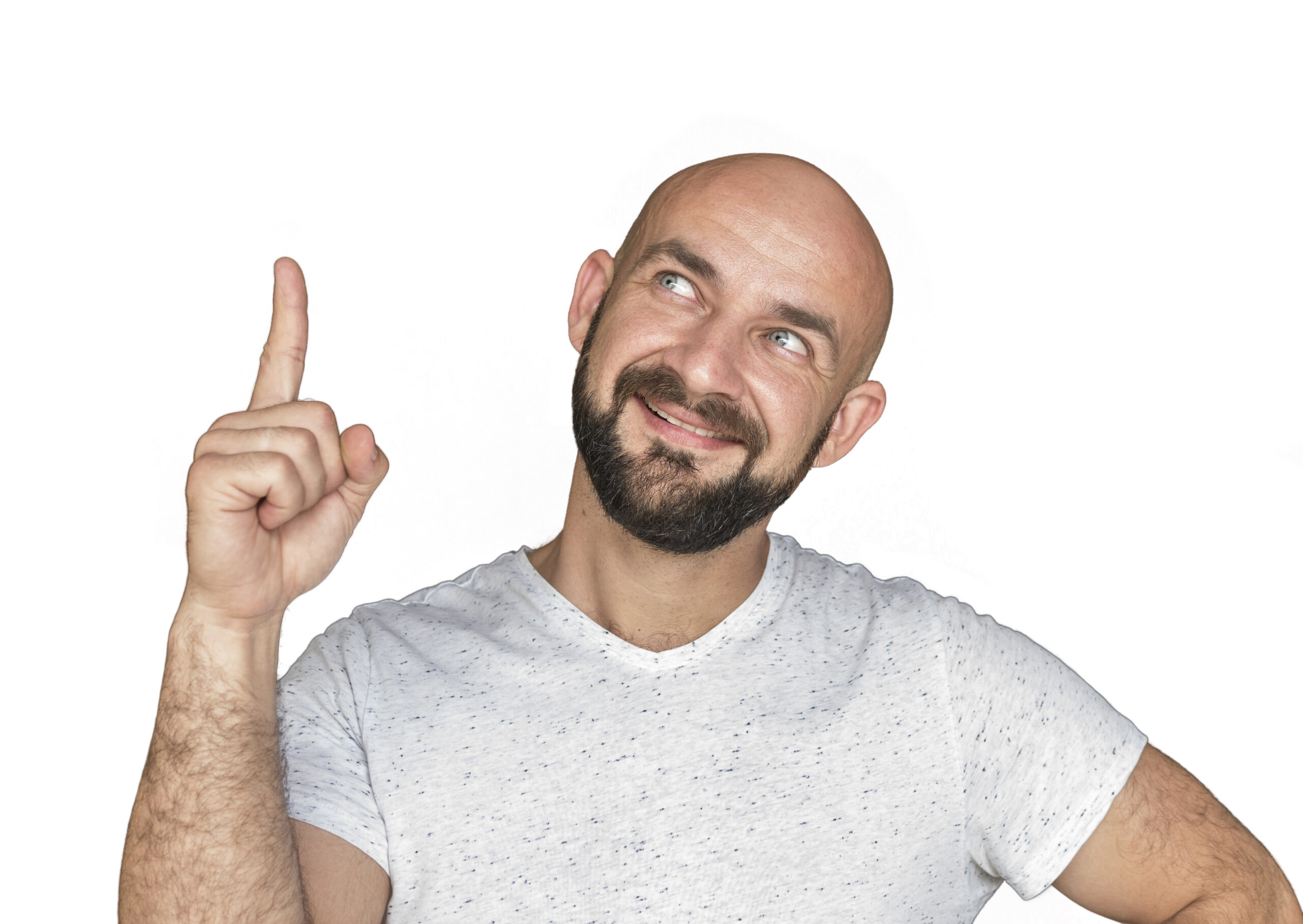 Portrait Of white bald man with beard in white t-shirt smiling and showing thumb up. isolate on a white background