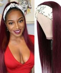 Burgundy Headband Straight Human Hair Wig #99J  Scarf Wig No GLUE Easy
